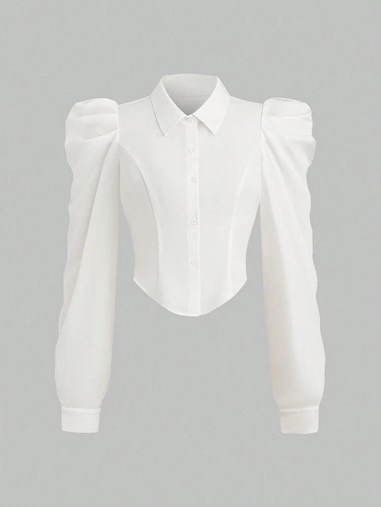 Plus Size Spring/Summer White Slim Fit Long Sleeve Shirt Solid Colour Fashionable and Versatile Office Wear Simple and Refined