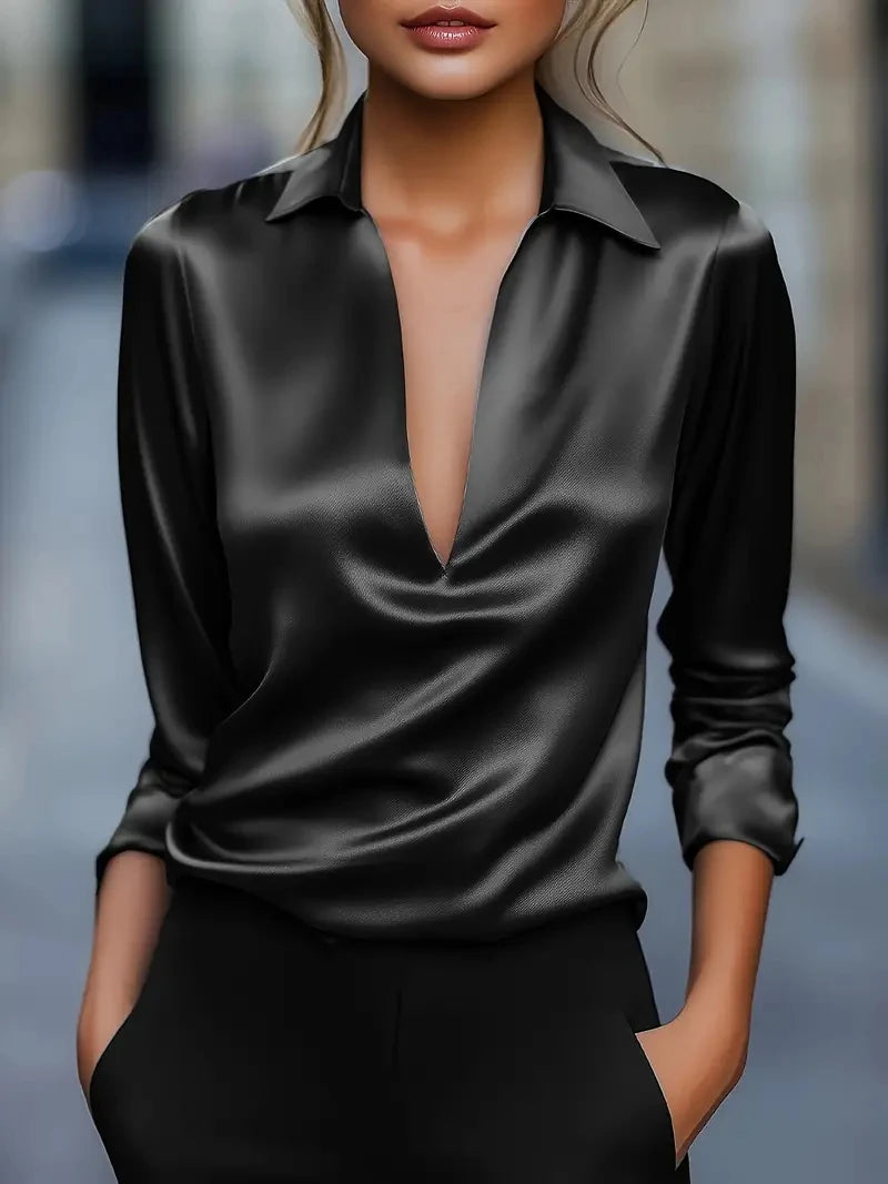 Women's Elegant Dressy Satin Work Shirt Plain Modern Casual Long Sleeve Shirt Collar Regular Tops