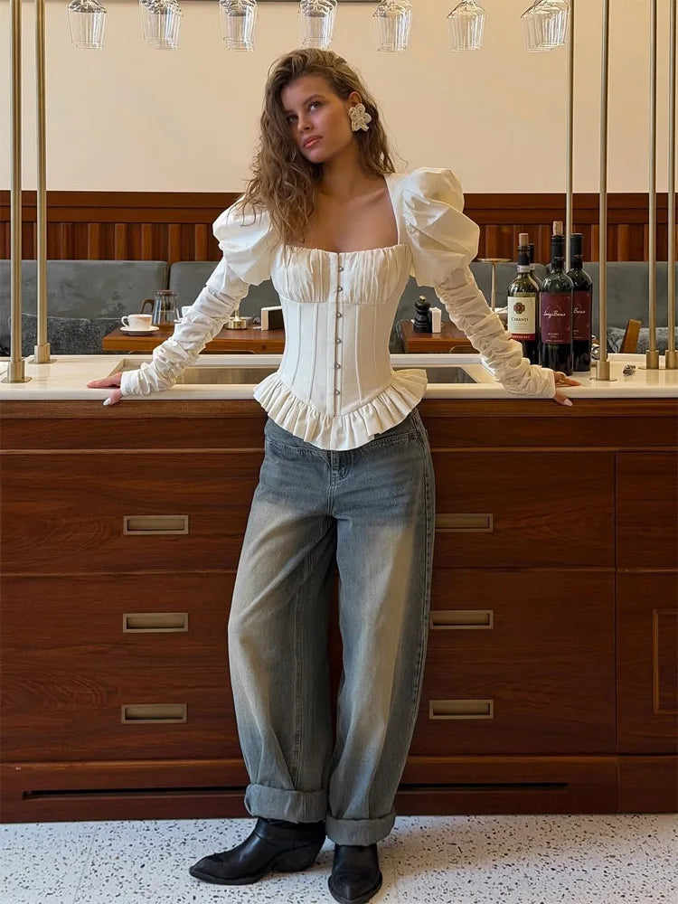 Spring Elegant Fishbone Pleated Shirt Women French Square Neck Puff Long Sleeves Backless Slim Blouses 2026 Lady Club Party Tops